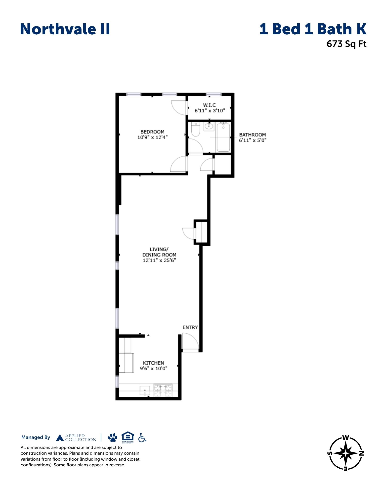 Floor plan for 1 bed, 1 bath, 673 sqft